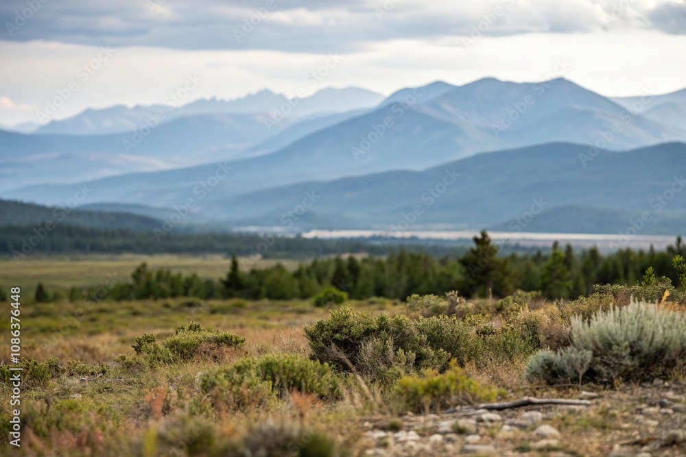 Blurred landscape with mountains in the distance, hills, terrain Blurred landscape with mountains in the distance, hills, terrain