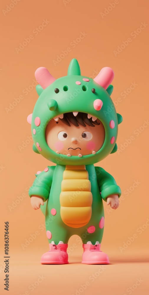 Fototapeta premium Cute 3D Cartoon of a Boy Dressed in a Dinosaur Costume