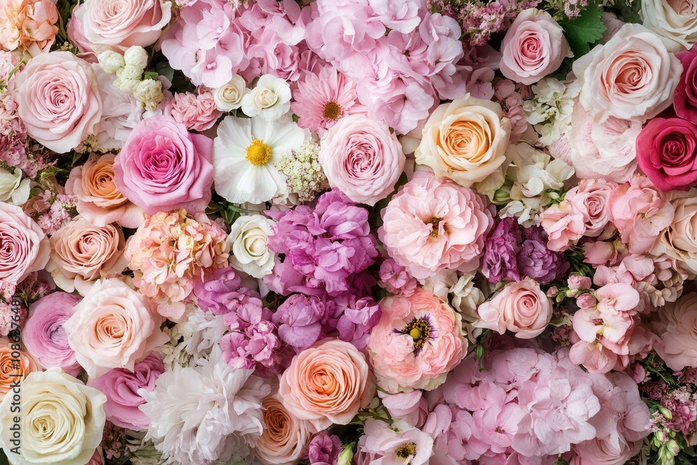 A close-up of a beautiful floral wall with various pink, white, and peach flowers. A close-up of a beautiful floral wall with various pink, white, and peach flowers.