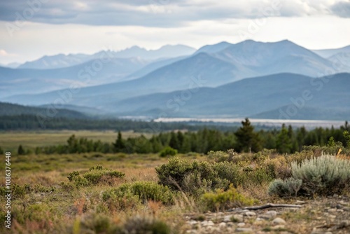 Blurred landscape with mountains in the distance, hills, terrain