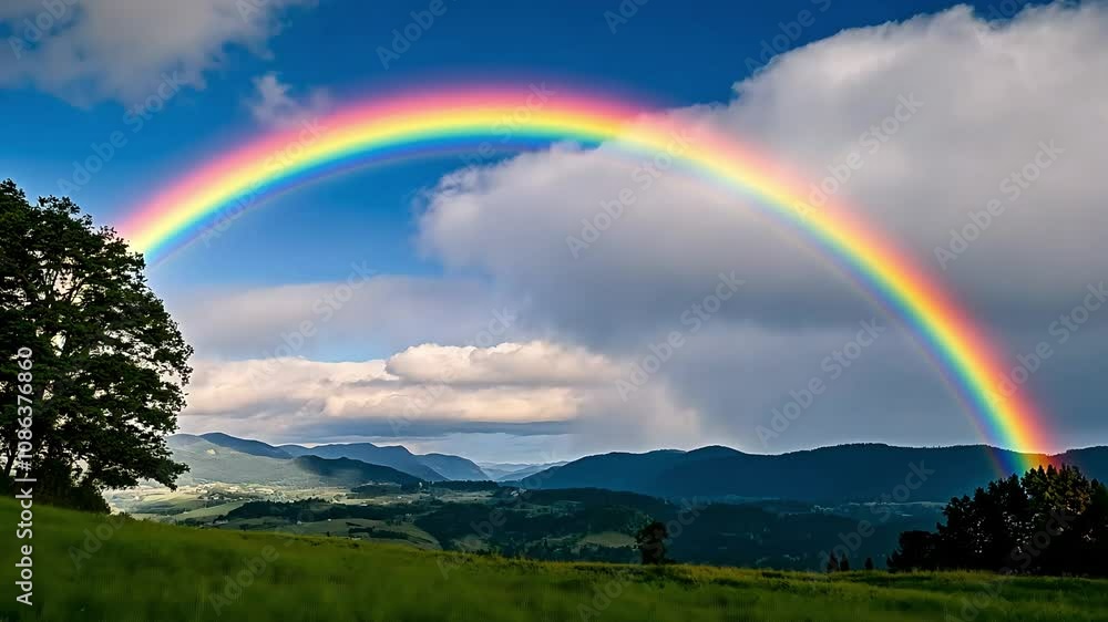 A vibrant rainbow arcs across a blue sky, framed by lush green hills and mountains, creating a serene and picturesque landscape. The scene evokes tranquility and natural beauty. A vibrant rainbow arcs across a blue sky, framed by lush green hills and mountains, creating a serene and picturesque landscape. The scene evokes tranquility and natural beauty.