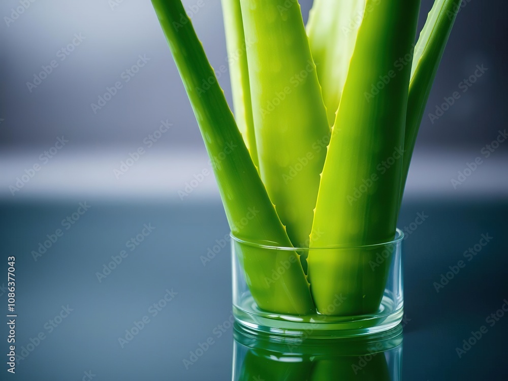 Obraz premium Close-up of an aloe vera plant with thick leaves and vibrant green color standing upright in a clear glass vase submerged in a shallow pool of water, greenery, outdoor still life, plants