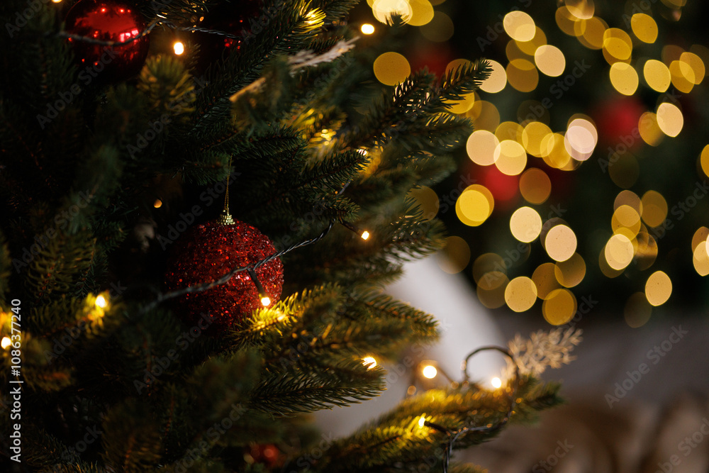 Decorated branch of a Christmas tree on a blurred background. Place for your text. Decorated branch of a Christmas tree on a blurred background. Place for your text.