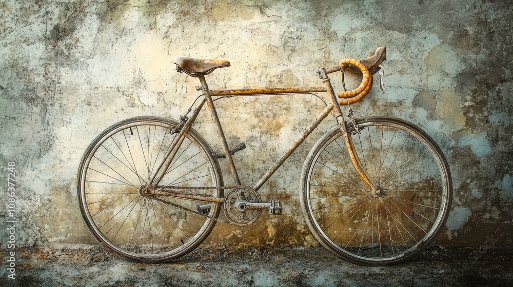 Urban Relic: Rusted Bicycle Against Wall in Textured Tones of Desolation Urban Relic: Rusted Bicycle Against Wall in Textured Tones of Desolation