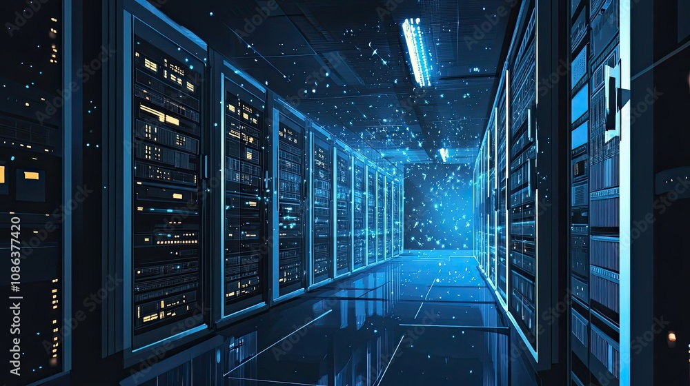 A Modern Server Room With Blue Lights and Data Flowing A Modern Server Room With Blue Lights and Data Flowing