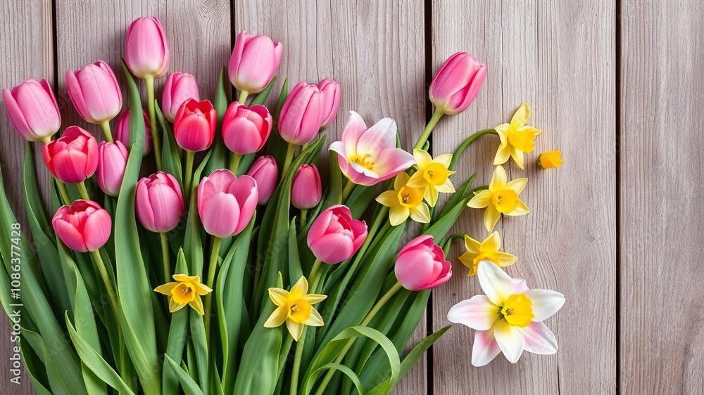 Colorful pink tulips and daffodils spilling over a rustic wooden wall, daffodils, flowers Colorful pink tulips and daffodils spilling over a rustic wooden wall, daffodils, flowers
