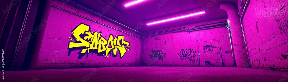 Fototapeta premium Neon Graffiti Art in Abandoned Urban Setting with Vibrant Pink Lighting and Captivating Street Culture Atmosphere