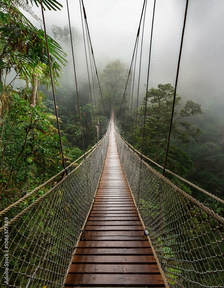 A wooden suspension bridge extends into a misty rainforest, offering a serene and mysterious pathway. A wooden suspension bridge extends into a misty rainforest, offering a serene and mysterious pathway.