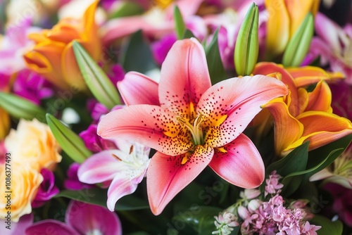 A close-up of a pink lily with spotted petals in a bouquet of mixed flowers.