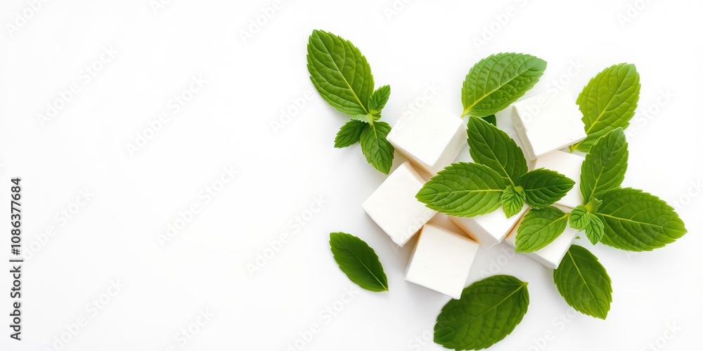 Cubes of Feta Cheese with Mint Leaves on White Background, dairy, plate Cubes of Feta Cheese with Mint Leaves on White Background, dairy, plate
