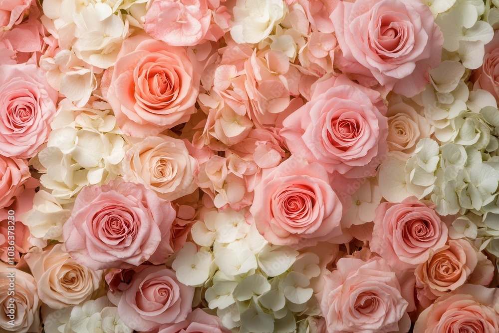 A close-up of pink roses and white hydrangeas, forming a delicate and romantic background. A close-up of pink roses and white hydrangeas, forming a delicate and romantic background.