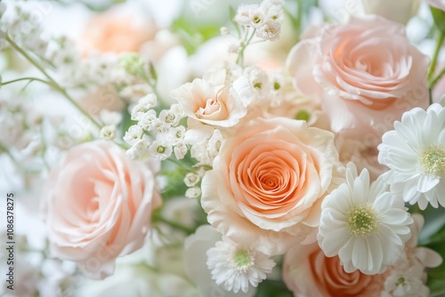 A close-up of soft pink roses and white flowers in a bouquet.