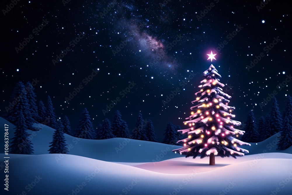 Beautiful spruce tree against magic snowy landscape with dark blue and purple night starry sky. Happy New Year and Merry Christmas. Winter holidays celebration background. Color of 2025 Beautiful spruce tree against magic snowy landscape with dark blue and purple night starry sky. Happy New Year and Merry Christmas. Winter holidays celebration background. Color of 2025