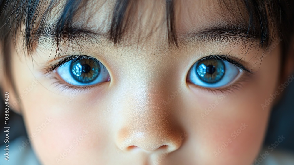 Obraz premium Close-up of a child's face with striking blue eyes and smooth skin.