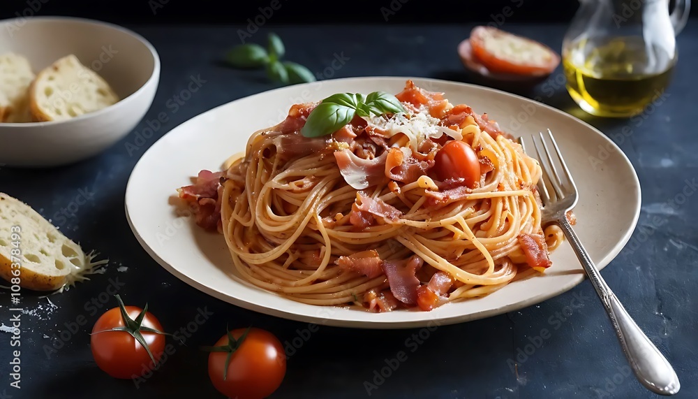 Spaghetti alla Amatriciana with pancetta bacon, tomatoes and pecorino Spaghetti alla Amatriciana with pancetta bacon, tomatoes and pecorino