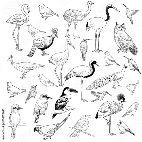 vector drawing sketches of birds, hand drawn illustration, vintage nature design elements isolated at white background