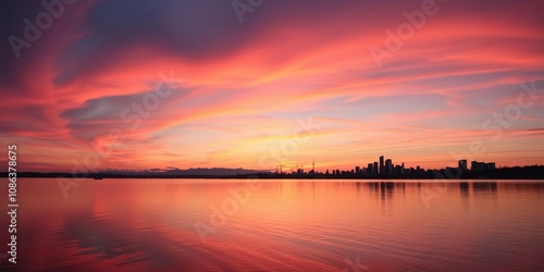 Dusk sky with vibrant orange and pink colors reflecting off calm lake surface, Montreal skyline visible in the distance, colors, dusk, sky