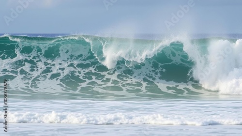 A powerful wave crashes onto the shore of Oahu's coastline, creating a foamy whitewater display, natural wonder, breaking wave