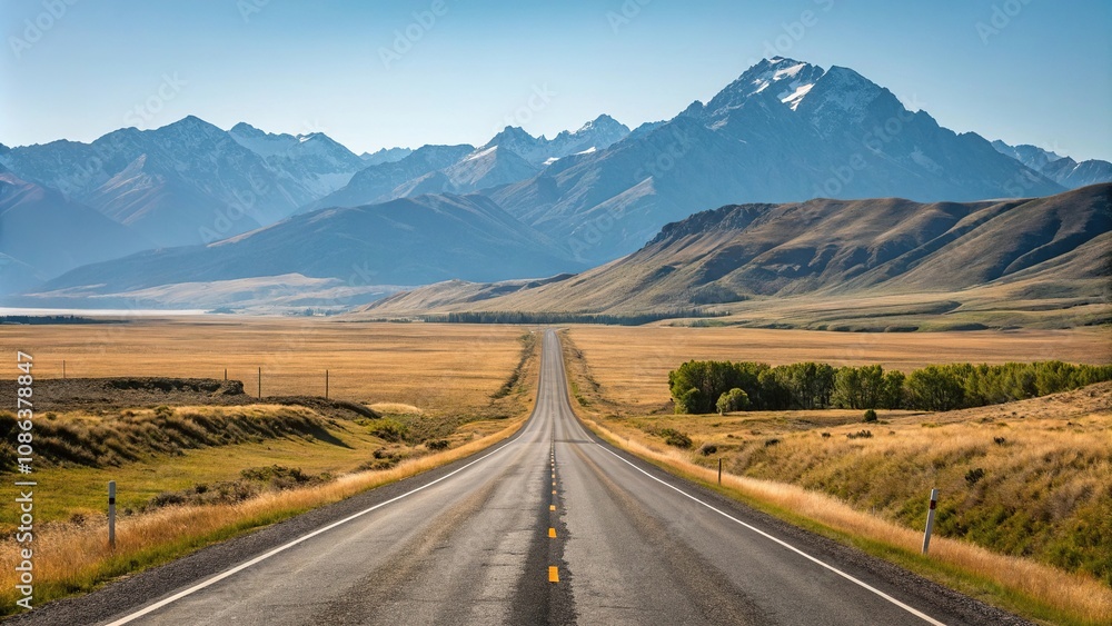 A scenic drive on a straight asphalt road through a vast open landscape with rolling hills and towering mountains visible beyond the horizon, solitude, asphalt road, serenity A scenic drive on a straight asphalt road through a vast open landscape with rolling hills and towering mountains visible beyond the horizon, solitude, asphalt road, serenity