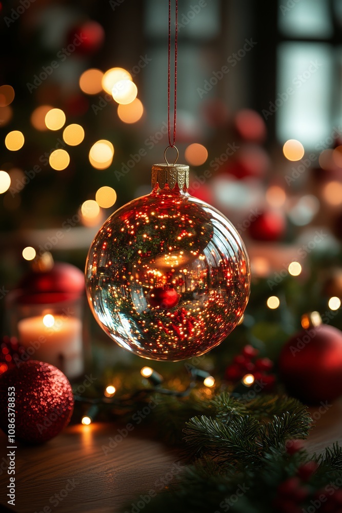 A festive Christmas ornament dangles gracefully from a vibrant red string, capturing the spirit of the holiday season with its shimmering beauty. A festive Christmas ornament dangles gracefully from a vibrant red string, capturing the spirit of the holiday season with its shimmering beauty.