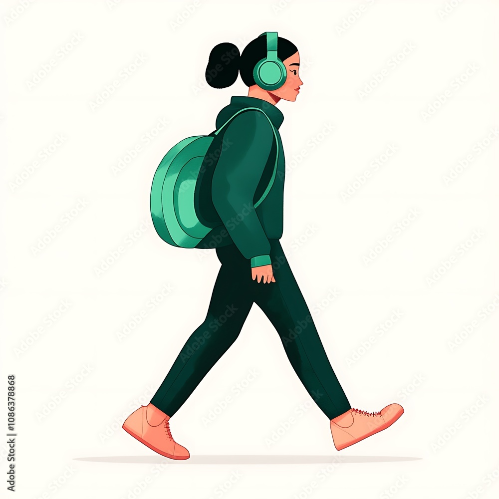 Young Man Walking with Headphones on Young Man Walking with Headphones on