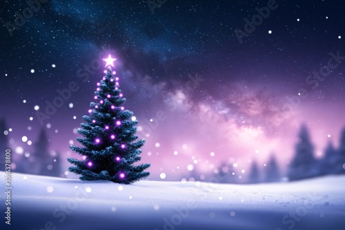 Beautiful spruce tree against magic snowy landscape with dark blue and purple night starry sky. Happy New Year and Merry Christmas. Winter holidays celebration background. Color of 2025 