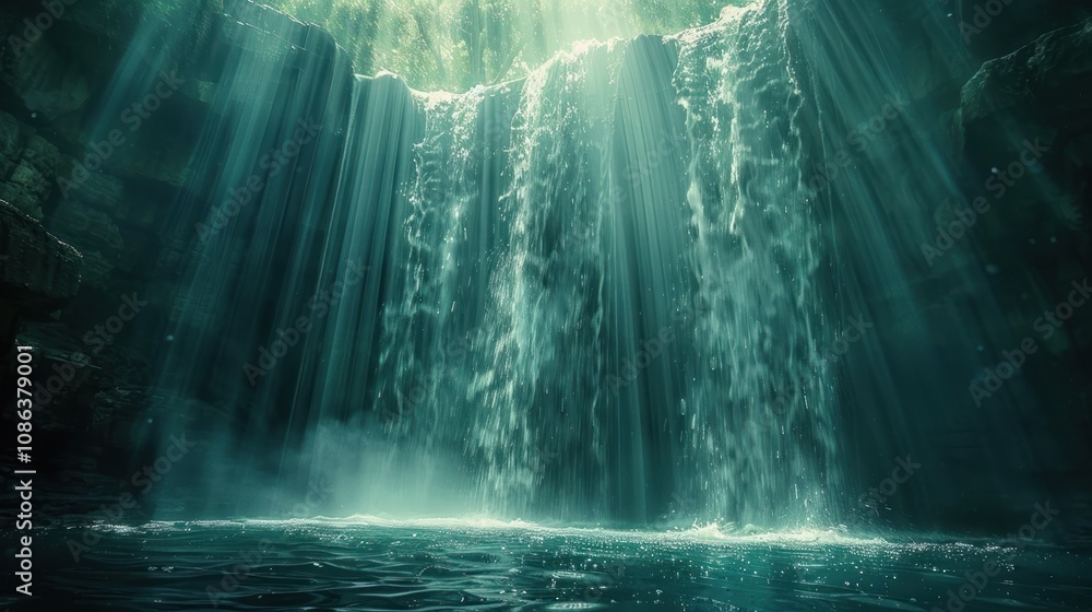 Mystical hidden waterfall cascading into a serene pool, sunbeams illuminate the scene. Mystical hidden waterfall cascading into a serene pool, sunbeams illuminate the scene.