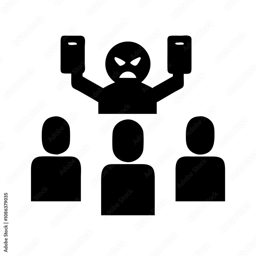 cyberbullying glyph icon. Abuse, internet harassment warning, hate, bully, social media insult. Sad face of online gossip victim. Flat pictogram. 