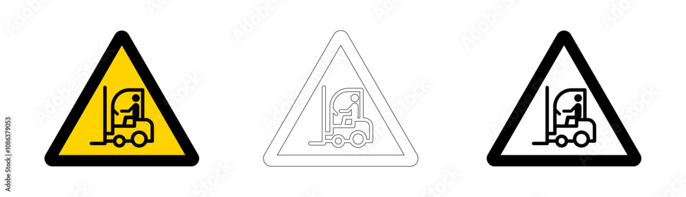 Manitou forklift, hazardous handling, yellow triangle, danger warning sign. Manitou forklift, hazardous handling, yellow triangle, danger warning sign.