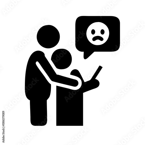cyberbullying glyph icon. Abuse, internet harassment warning, hate, bully, social media insult. Sad face of online gossip victim. Flat pictogram. 