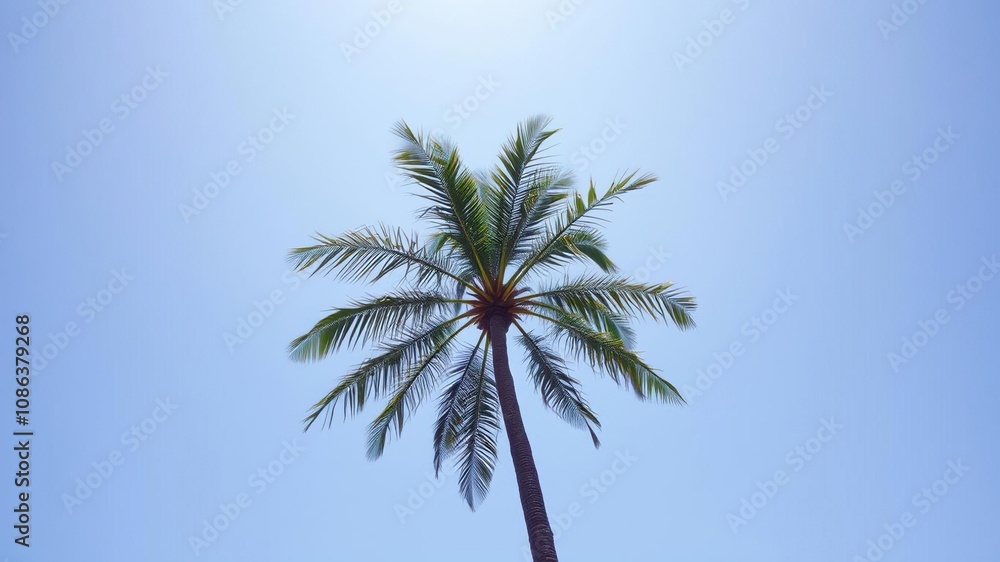 Fototapeta premium A single palm tree stands tall with its leafy branches stretching up towards the sky creating intricate patterns of shadow and light, palm tree silhouette, greenery