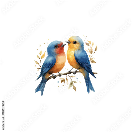 Watercolor lovebirds couple on a branch clipart. love Birds and heart watercolor illustration.