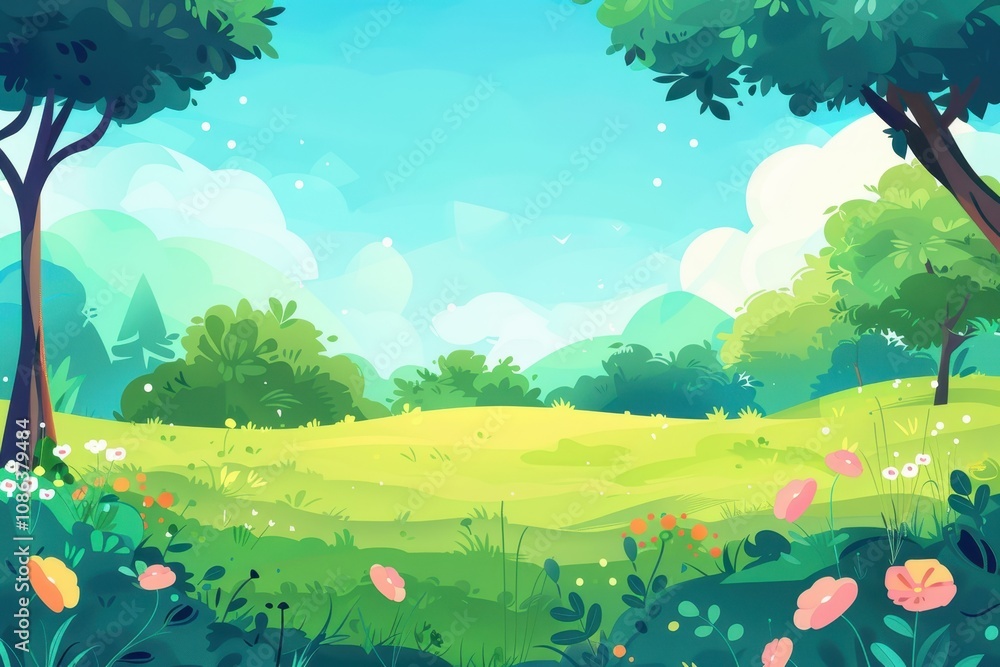 Fototapeta premium A Lush Green Meadow with Trees and Flowers Under a Blue Sky