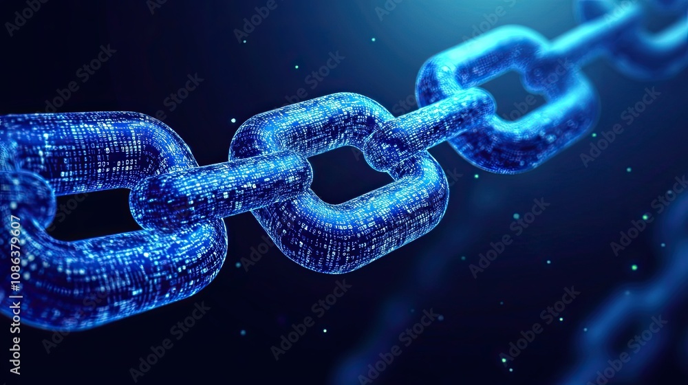 A Chain of Interconnected Blue Links with Binary Code A Chain of Interconnected Blue Links with Binary Code