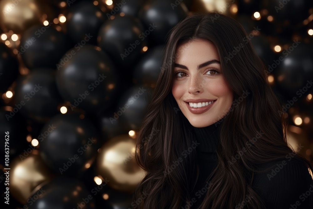 A cheerful woman with long dark hair beams in a black turtleneck, surrounded by a vibrant wall of glossy balloons, radiating joy and celebration. A cheerful woman with long dark hair beams in a black turtleneck, surrounded by a vibrant wall of glossy balloons, radiating joy and celebration.