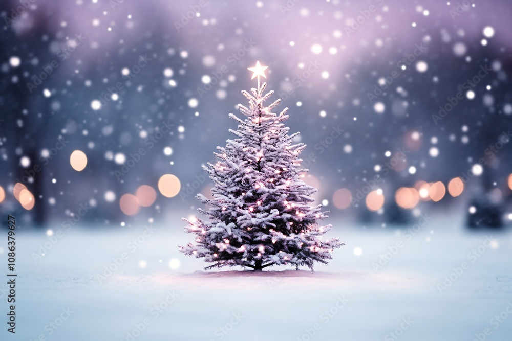 Obraz premium Beautiful spruce tree against magic snowy landscape with dark blue and purple night starry sky. Happy New Year and Merry Christmas. Winter holidays celebration background. Color of 2025 
