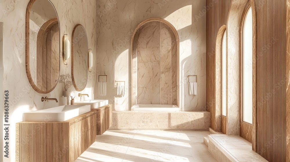 Obraz premium Modern bathroom with wooden cabinets, dual sinks, and arched mirrors, light background. Contemporary home or hotel concept. 3D Rendering 