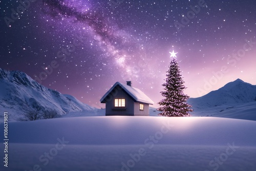 Cozy winter cabin and Christmas tree under starry night sky. Travel and tourism concept. Festive holiday scene for Christmas, New Year and winter celebration