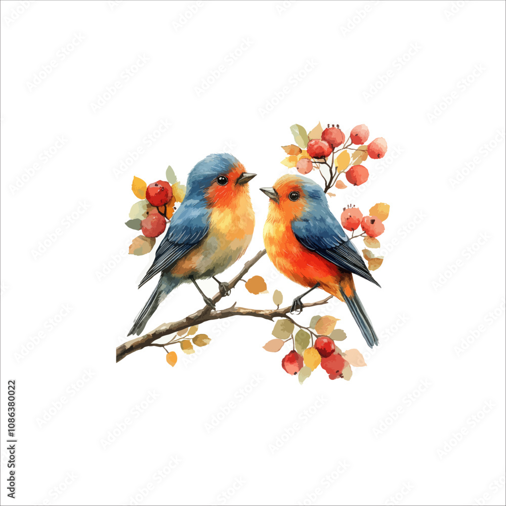 Obraz premium Watercolor lovebirds couple on a branch clipart. love Birds and heart watercolor illustration.