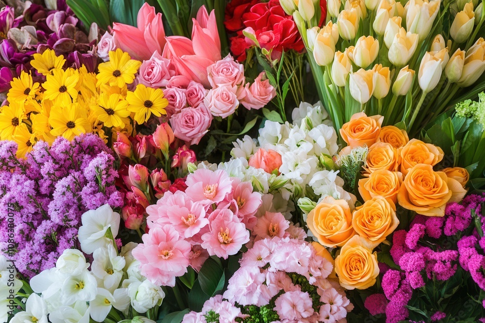 A colorful bouquet of various flowers, including roses, tulips, and lilies. A colorful bouquet of various flowers, including roses, tulips, and lilies.