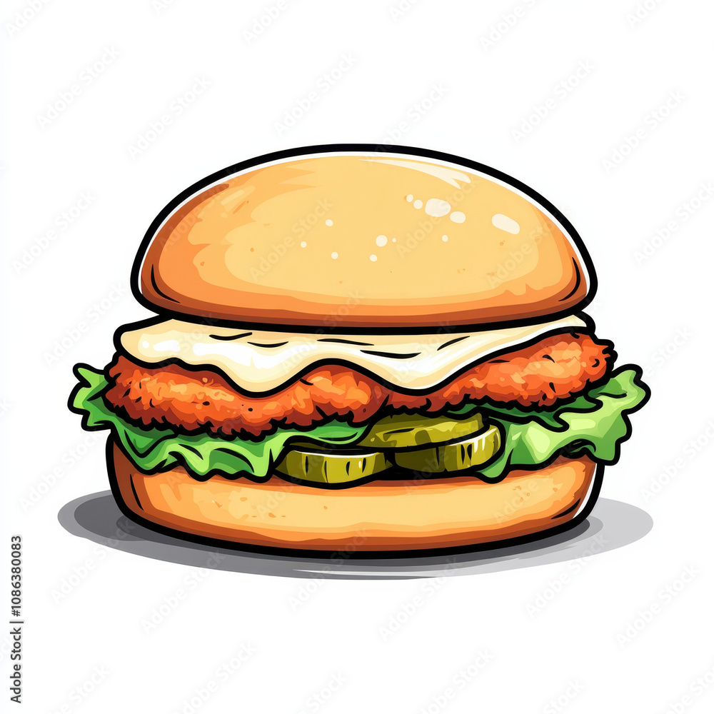 Delicious cartoon style chicken burger with lettuce, pickles, and cheese