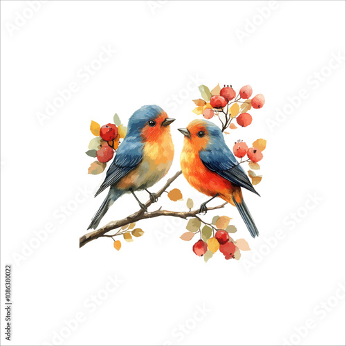Watercolor lovebirds couple on a branch clipart. love Birds and heart watercolor illustration.