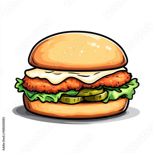 Delicious cartoon style chicken burger with lettuce, pickles, and cheese