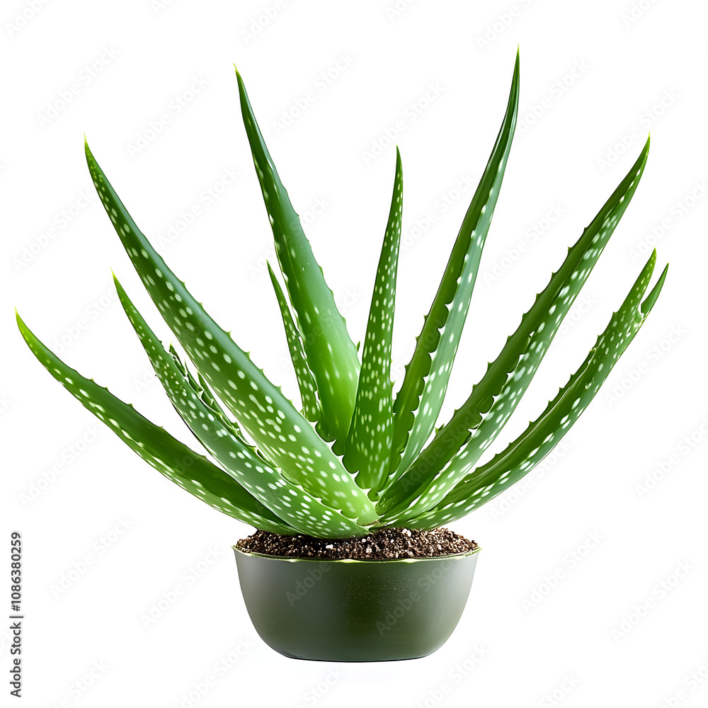 A vibrant green aloe vera plant in a pot, isolated against a white backdrop. A vibrant green aloe vera plant in a pot, isolated against a white backdrop.