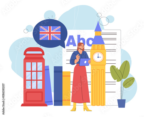Woman learning English. Young girl near Big Ben, telephone and stack of books. Education and training. Tourist and traveler prepare for travel. Flat vector illustration isolated on white background