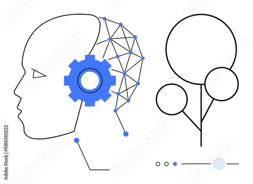 Human head profile with blue gear and network connected system next to abstract tree design. Ideal for technology, nature, innovation, artificial intelligence, science, futurism, and connectivity