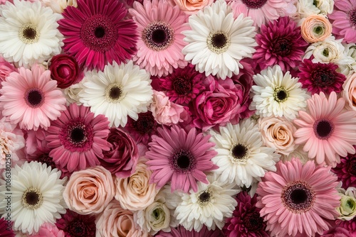 A colorful display of pink and white flowers, including roses, daisies, and carnations.