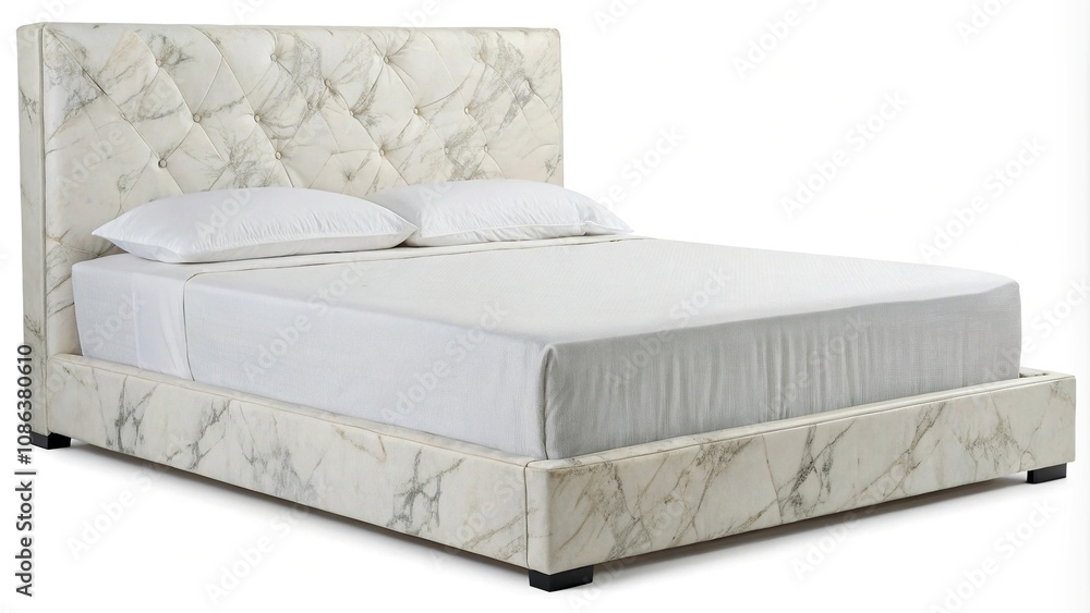 Fototapeta premium Bed with low profile headboard made of white marble, white marble, low profile headboard, serene atmosphere, bedroom furniture