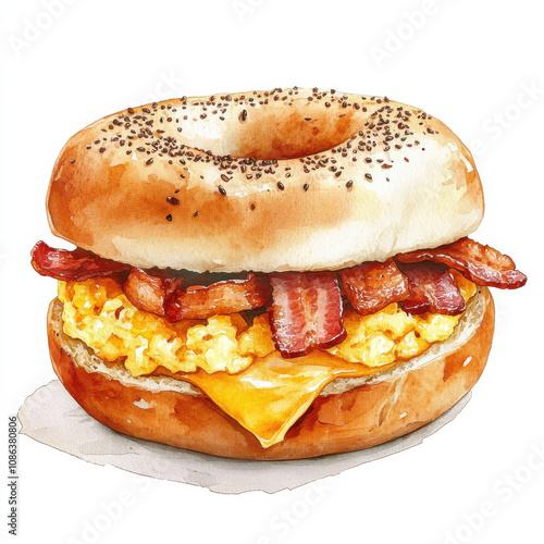 delicious breakfast sandwich featuring bagel, scrambled eggs, cheese, and crispy bacon