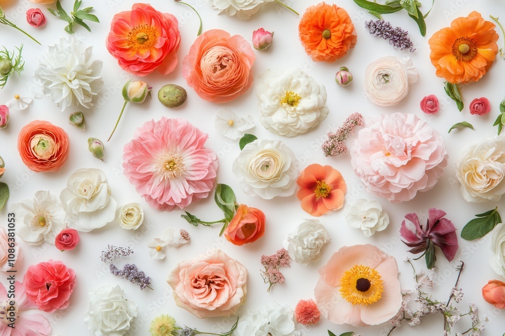 A flat lay of various pastel flowers on a white background. A flat lay of various pastel flowers on a white background.